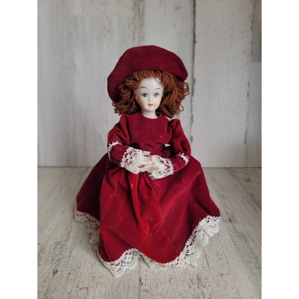 Vintage porcelain girl doll red dress Xmas tree topper unique Victorian